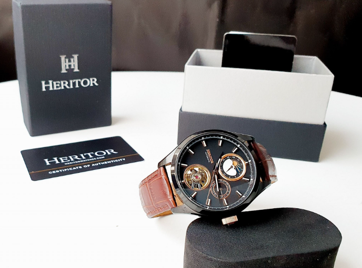 Montre Heritor automatique Sebastian – Acier Noir & Cuir Marron