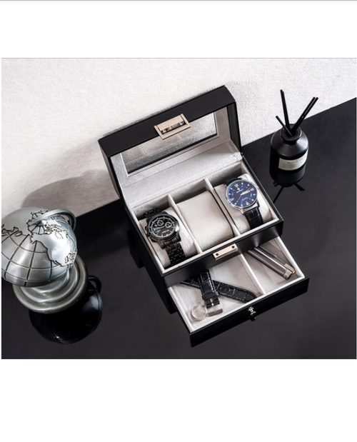 Boîte à Montres 2 Niveaux, 3 Emplacements avec Tiroir - Noir
