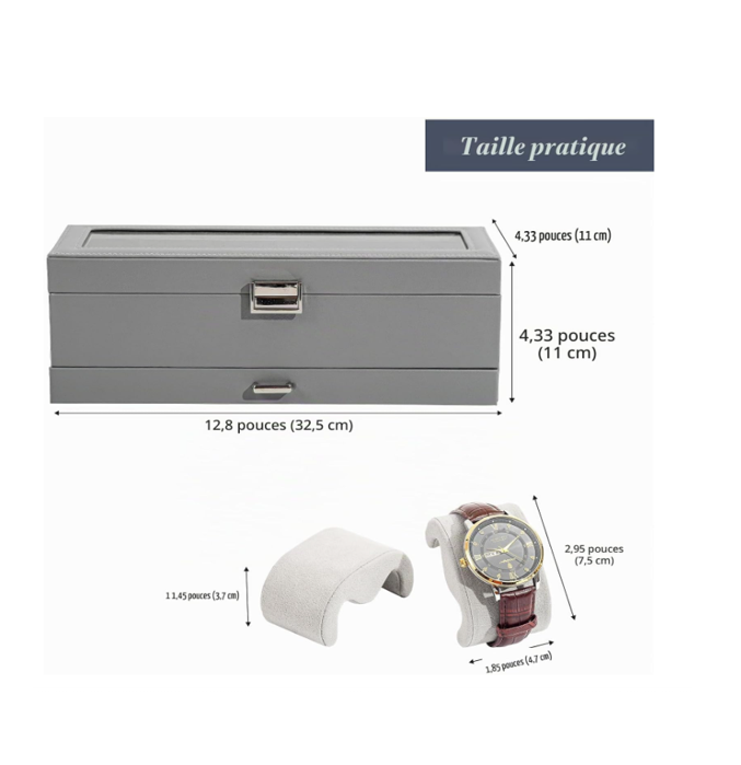 Boîte à Montres 2 Niveaux, 6 Emplacements avec Tiroir - Gris