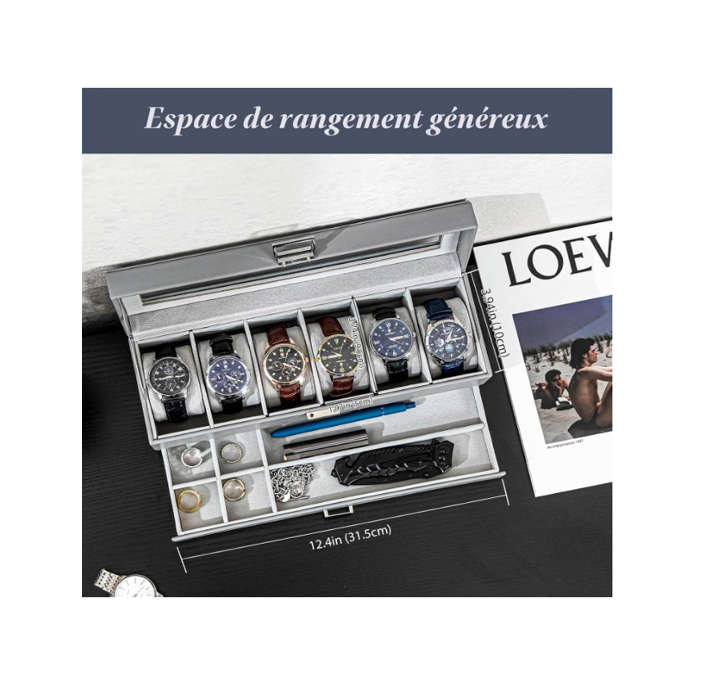 Boîte à Montres 2 Niveaux, 6 Emplacements avec Tiroir - Gris