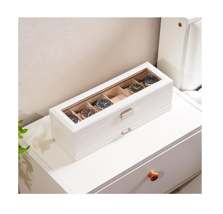 Boîte à Montres 2 Niveaux, 6 Emplacements avec Tiroir - Blanc