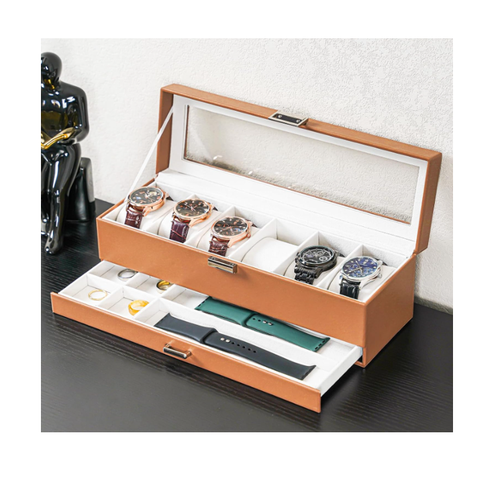 Boîte à Montres 2 Niveaux, 6 Emplacements avec Tiroir - Camel