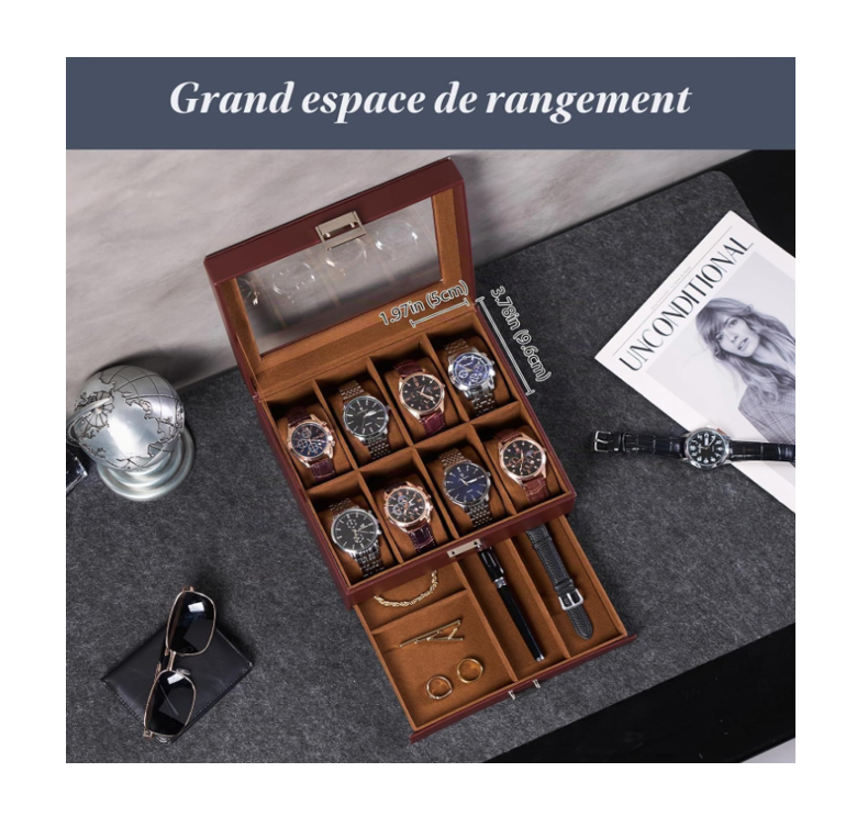 Boîte à Montres 2 Niveaux, 8 Emplacements avec Tiroir - Marron