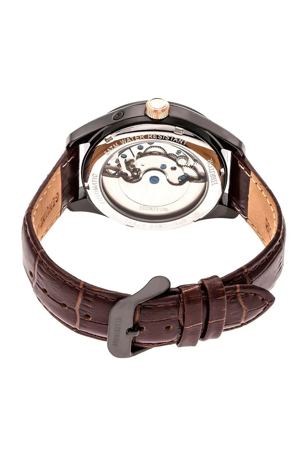 Montre Heritor automatique Sebastian – Acier Noir & Cuir Marron