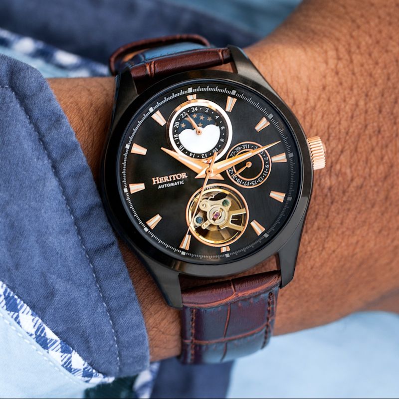 Montre Heritor automatique Sebastian – Acier Noir & Cuir Marron